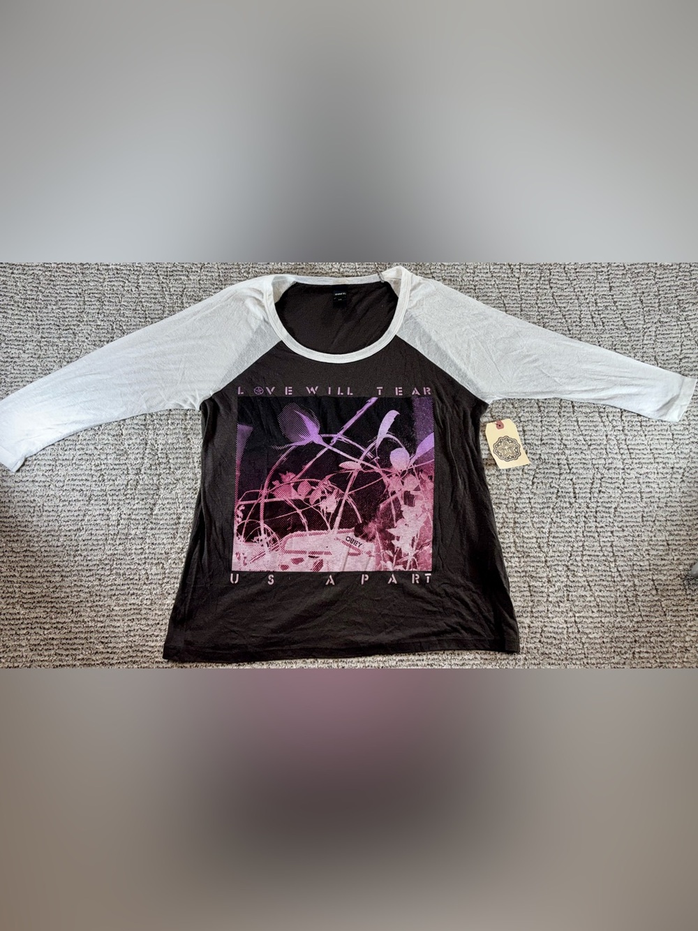 NWT Obey Clothing Women’s XS “Love Will Tear Us Apart" Raglan Baseball‎ Tee